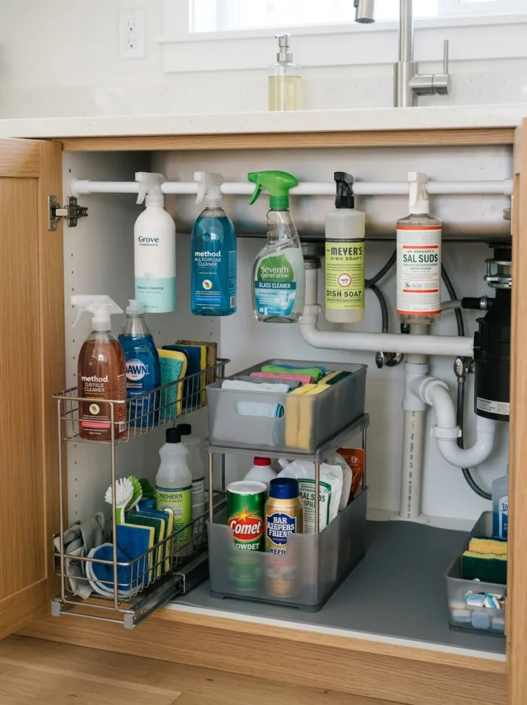 Organized under-sink cabinet with pull-out storage and cleaning supplies.