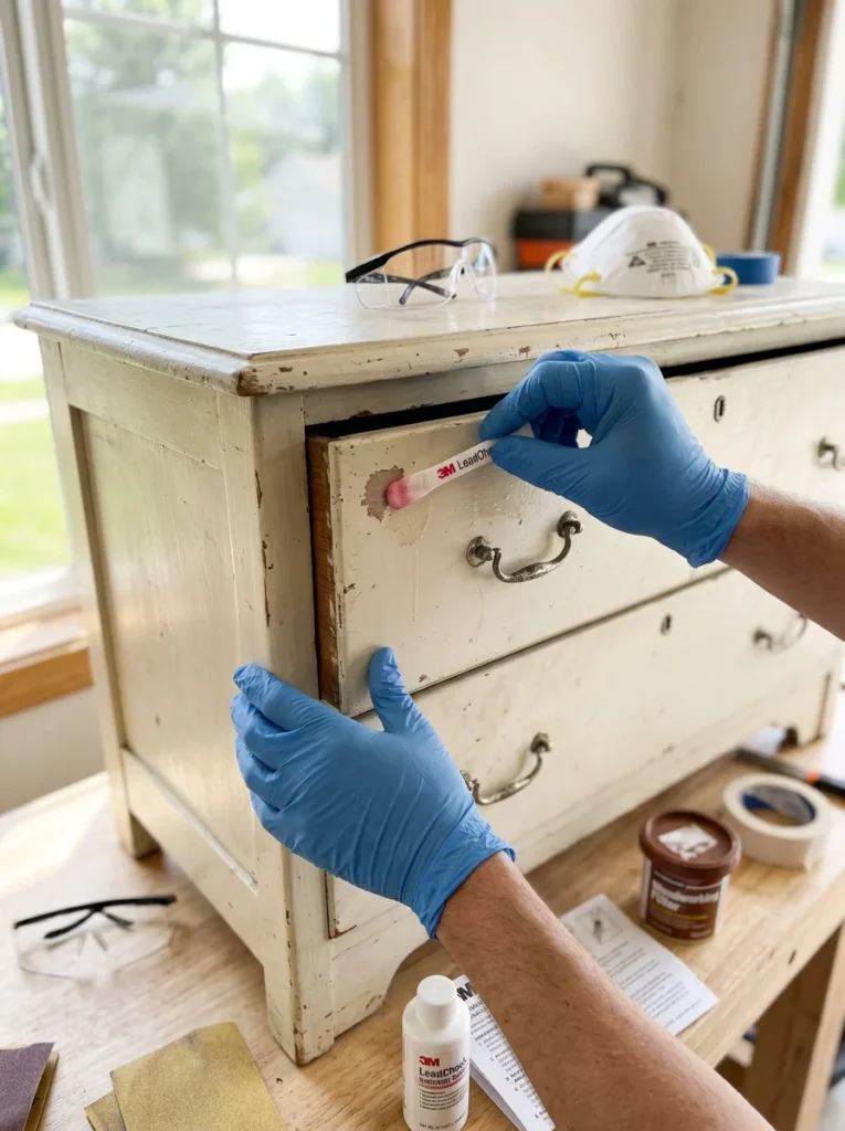 Old nursery furniture being tested for lead paint before reuse