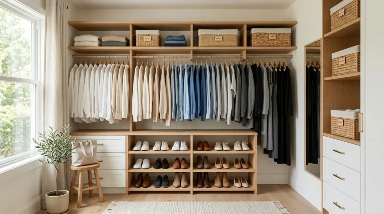 Organized minimalist closet after decluttering using the one-year rule.
