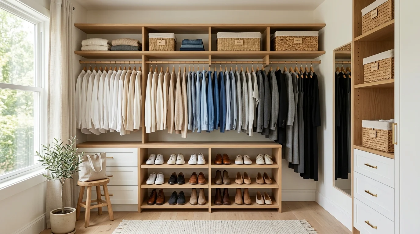 Organized minimalist closet after decluttering using the one-year rule.