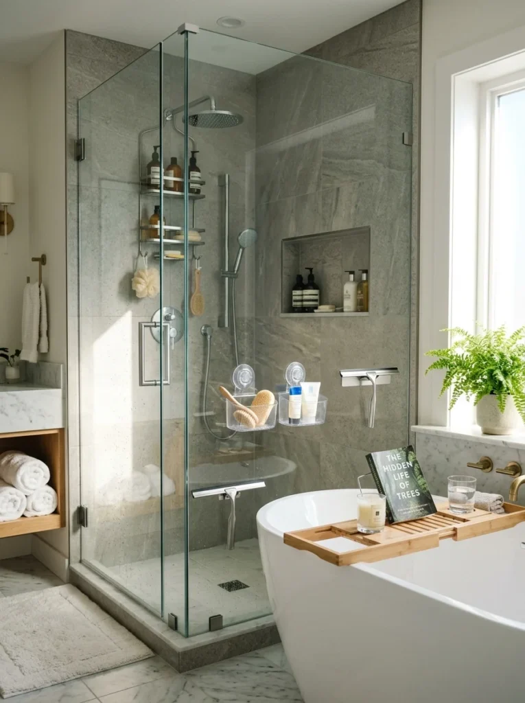 Organized shower with caddy storage built-in niche and bath accessories.