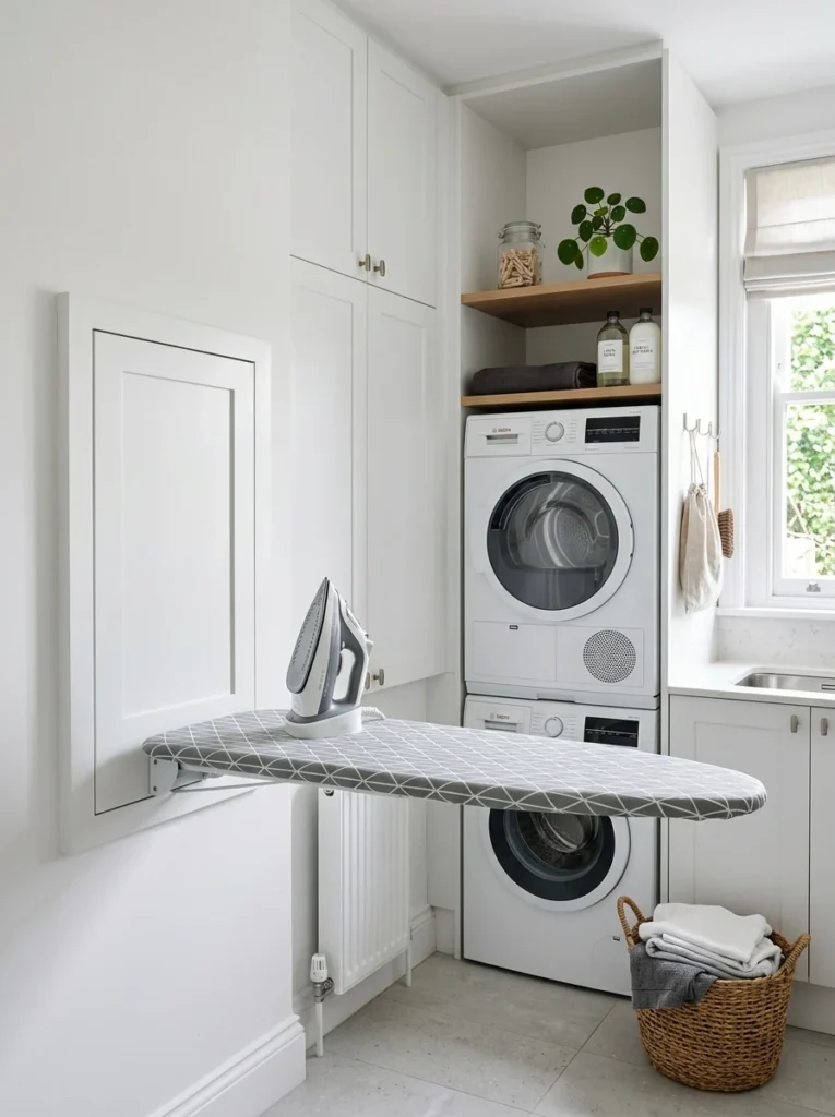 Foldable wall-mounted ironing board saving floor space.