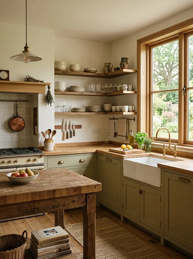 Simple farmhouse kitchen focusing on authentic materials instead of themed decorations.