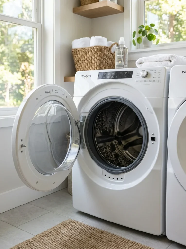 Front-load washer with the door open to prevent mold and odors