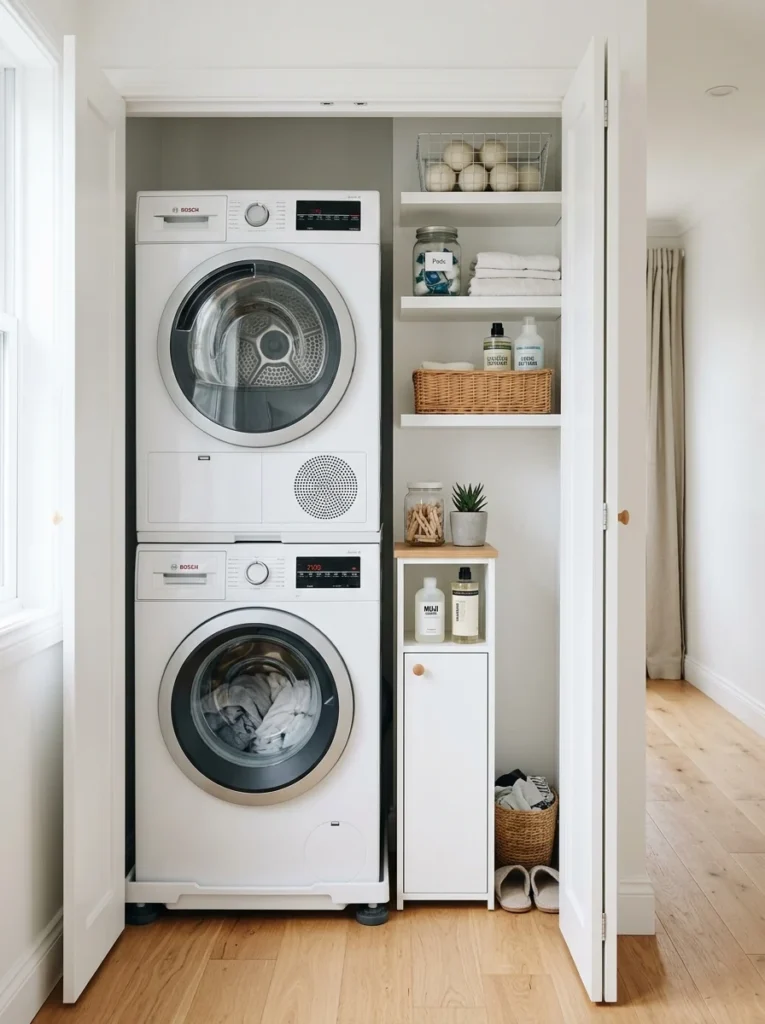 Space-saving stacked washer and dryer inside a compact laundry room.