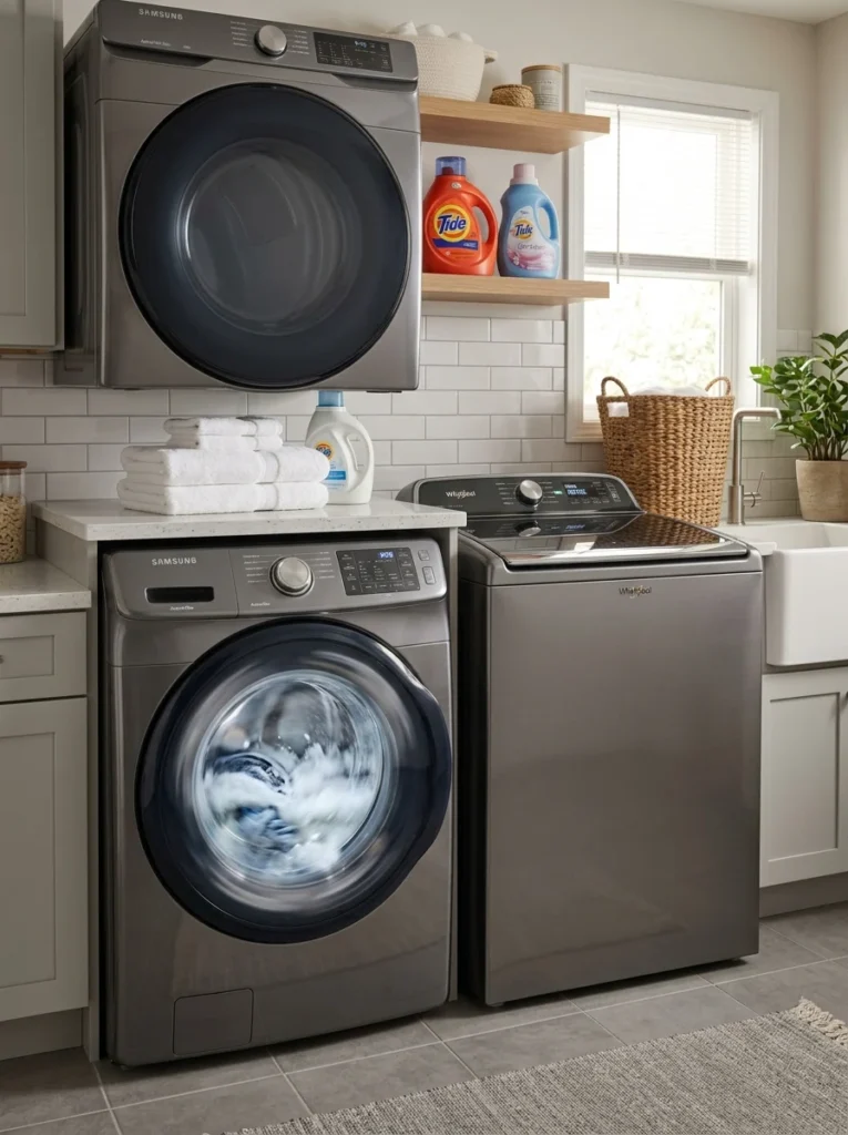 Front-load and top-load washers during spin cycles in a laundry room.