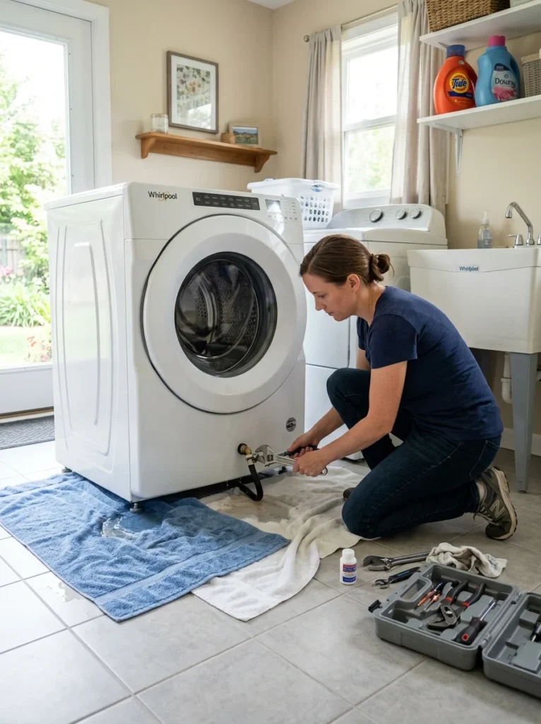 Homeowner repairing a water leak beneath a washing machine.