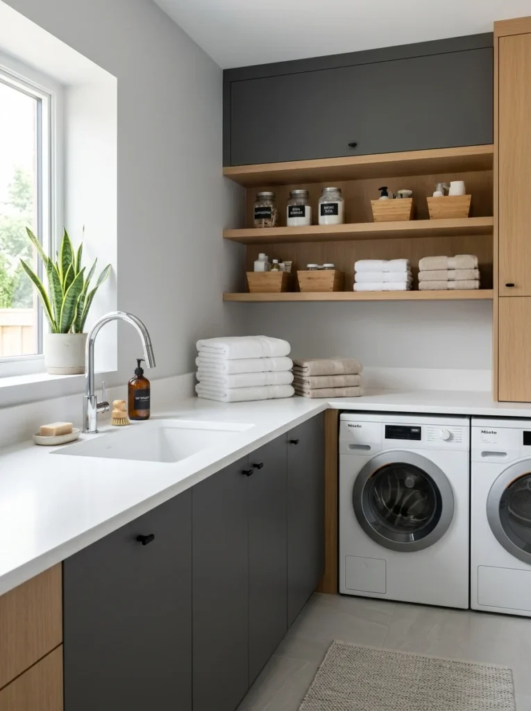 Solid surface countertop with integrated sink in a laundry room.