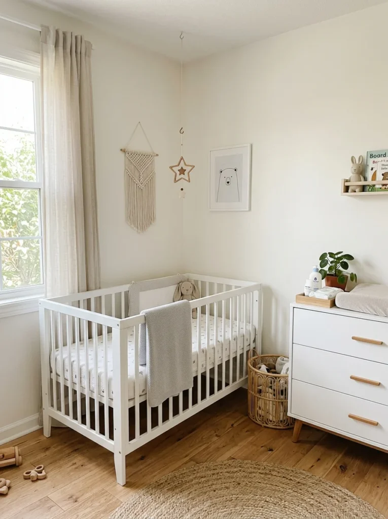 Corner crib placement maximizing space inside a small nursery.