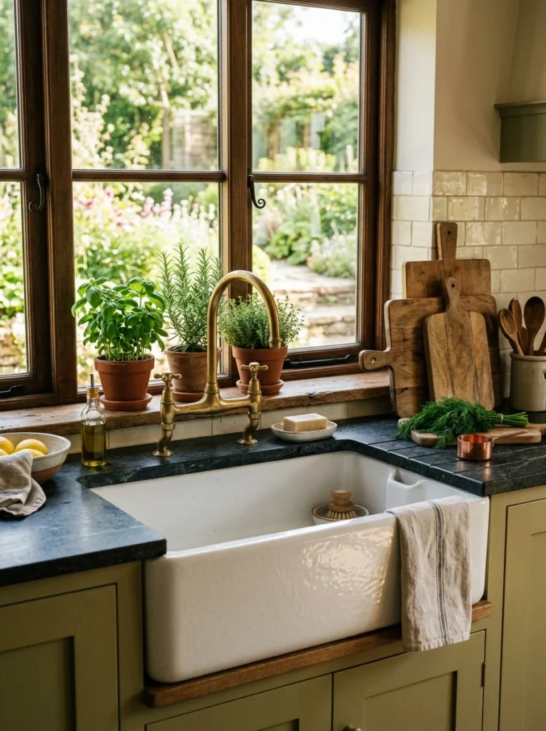 White apron-front farmhouse sink with brass faucet in a cozy country kitchen.