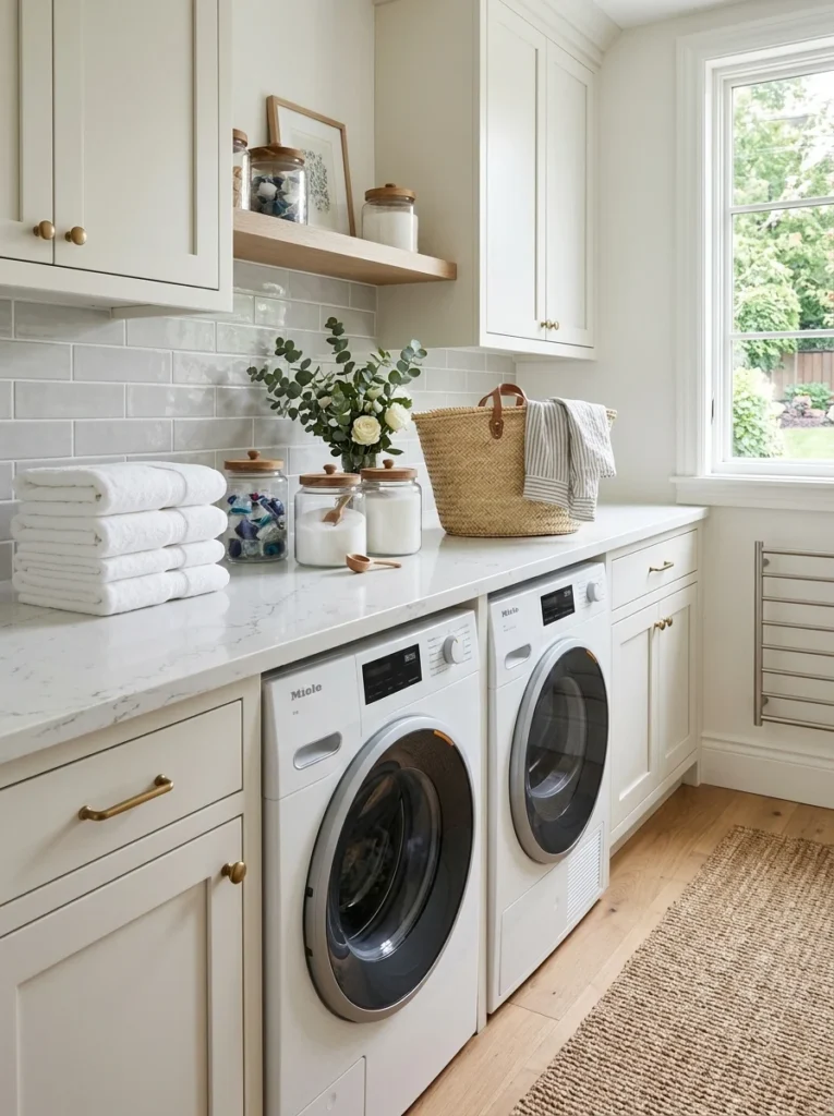White quartz countertop providing a durable laundry room workspace.