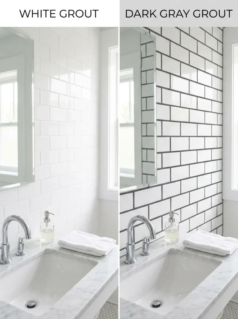 White subway tiles with matching and contrasting grout.