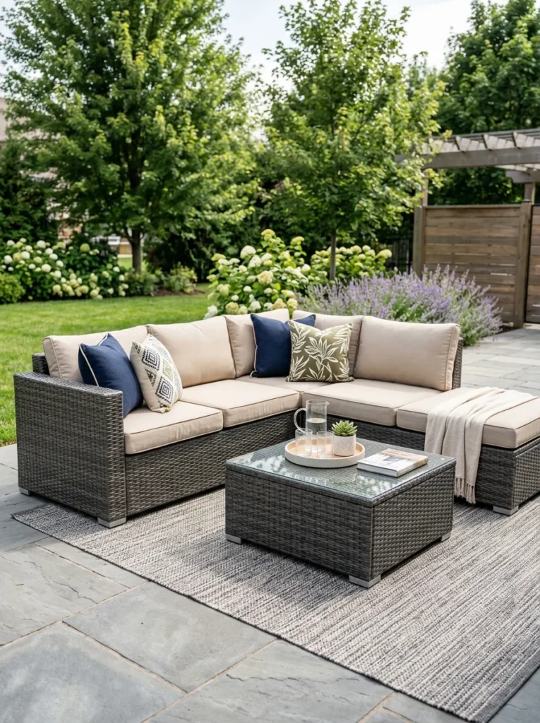 Synthetic wicker outdoor seating with weather-resistant cushions.