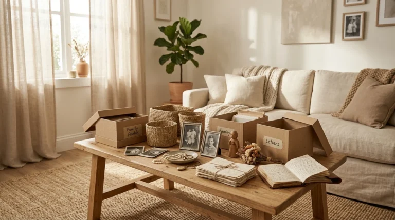 Woman thoughtfully organizing sentimental keepsakes and family heirlooms in a cozy minimalist living room.