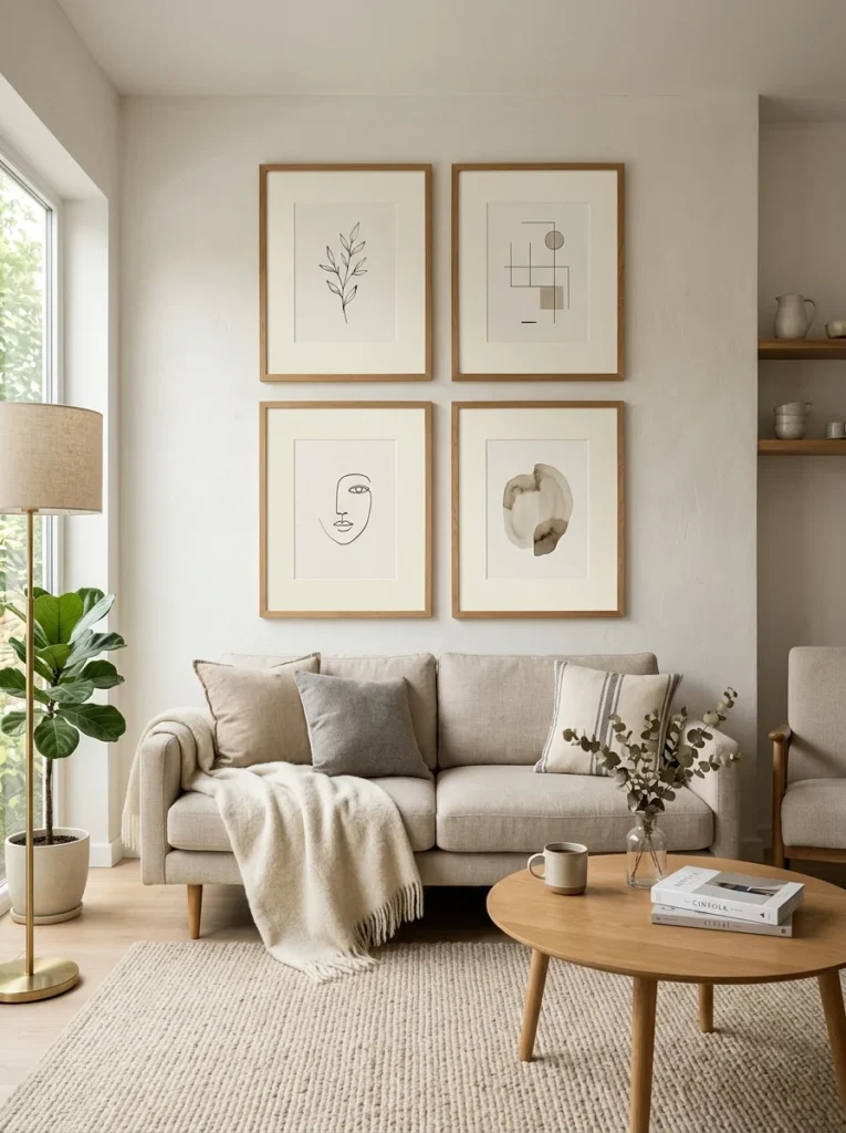 Neutral wood frames with ivory mats creating timeless wall décor