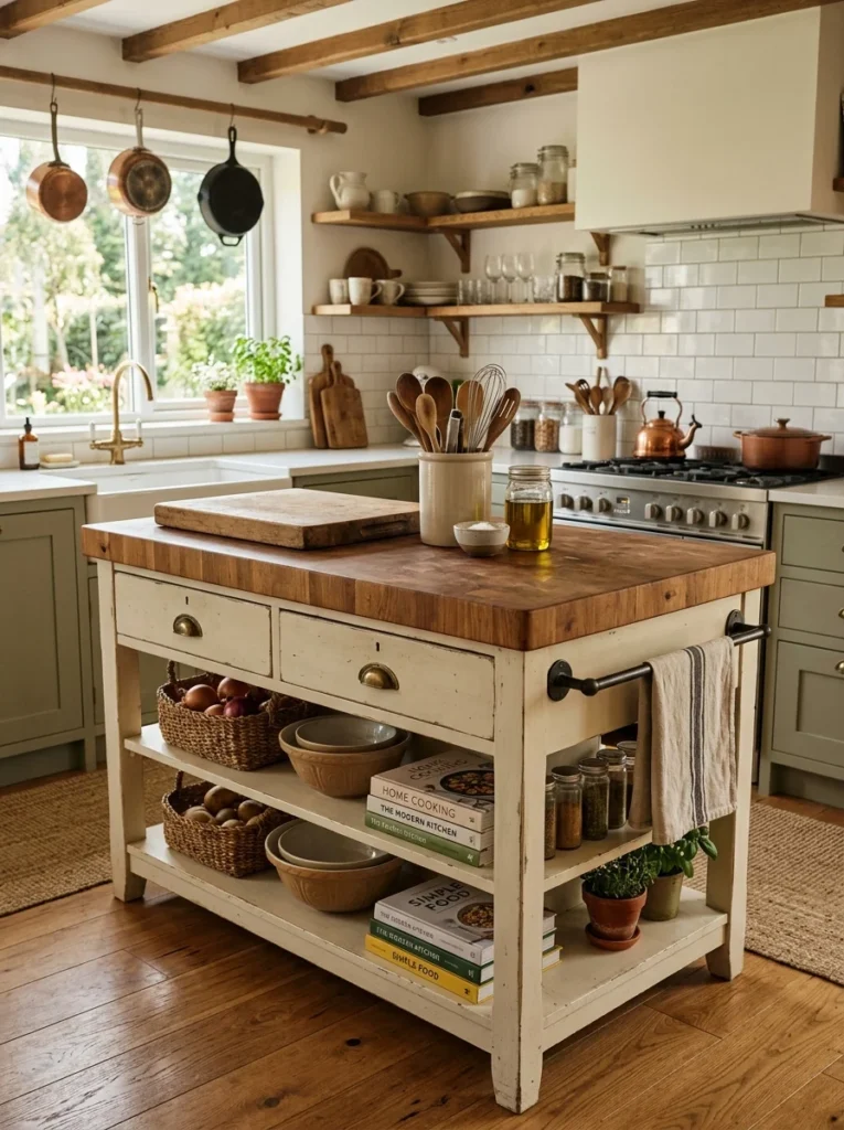 Repurposed wooden dresser converted into a functional DIY kitchen island inside a modern kitchen.