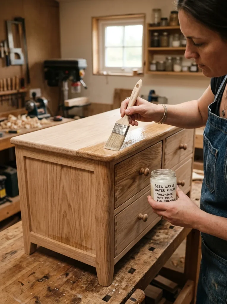 Water-based finish being applied to solid wood nursery furniture.