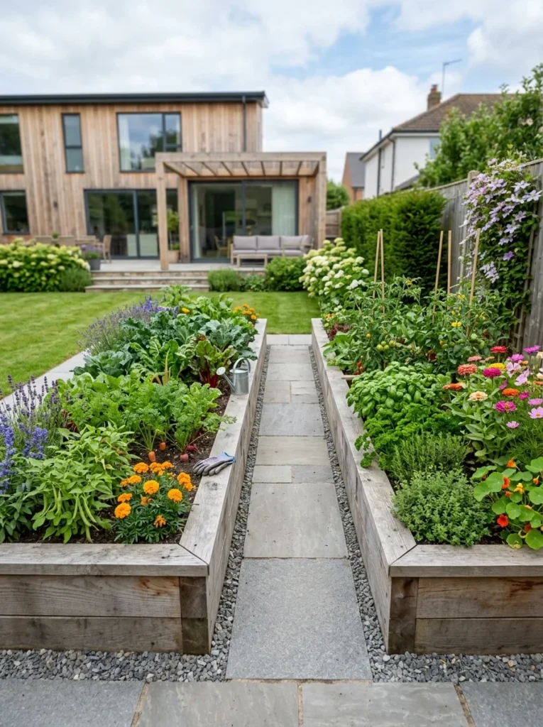 Raised garden beds with clean edging for easier maintenance and weed control.