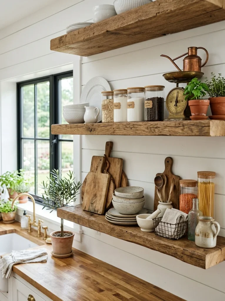 Wooden open shelves styled with white dishes and natural kitchen accessories.