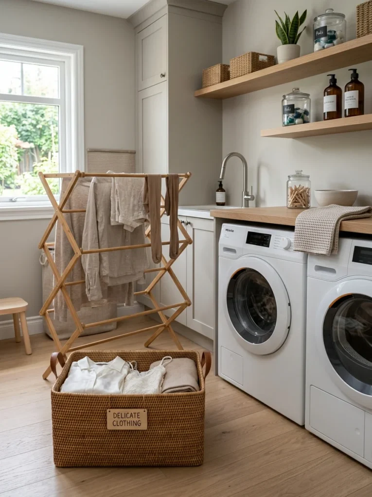 Dedicated basket and drying area for delicate clothing.
