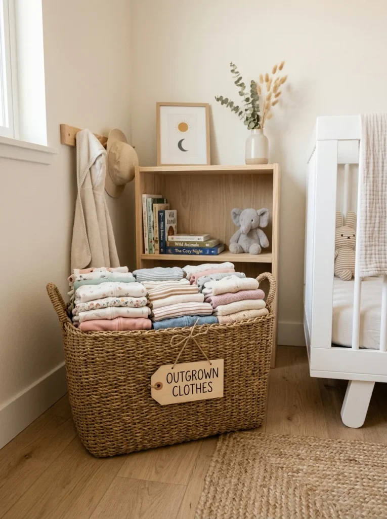 Basket holding neatly folded outgrown baby clothes ready for storage or donation.