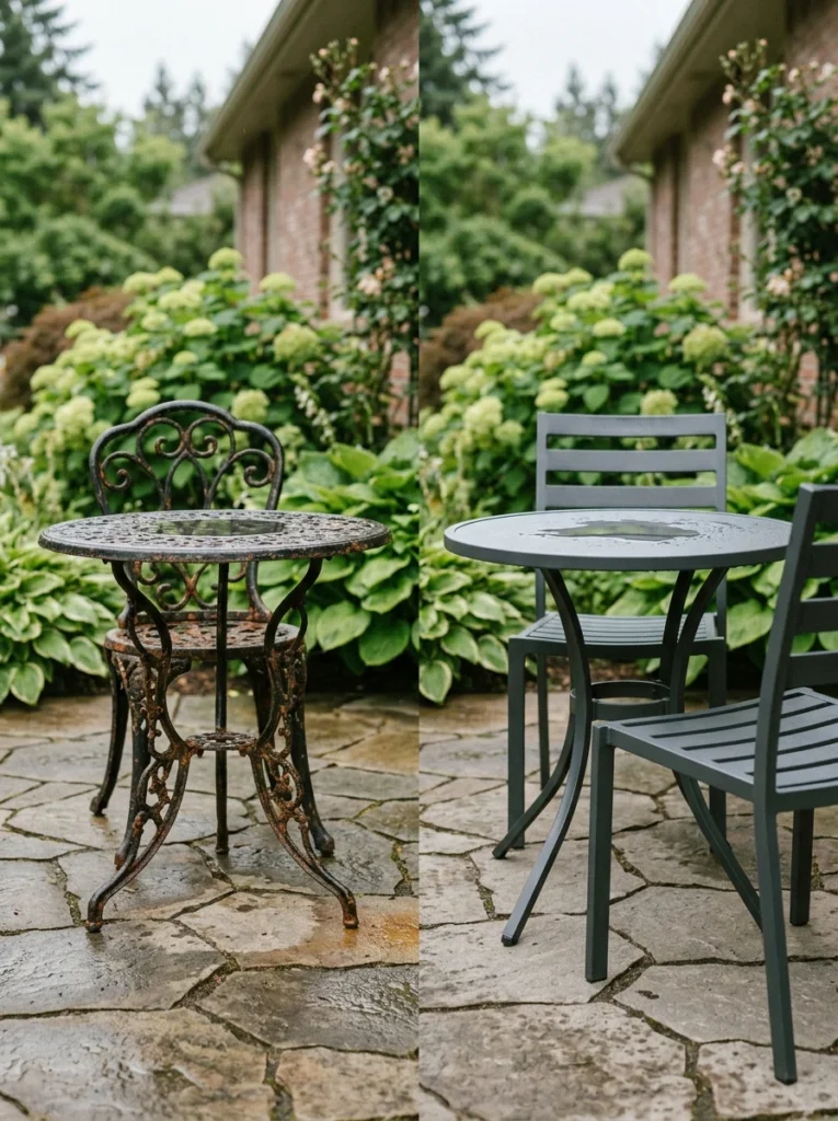 Comparison of wrought iron and aluminum outdoor furniture in humid weather.