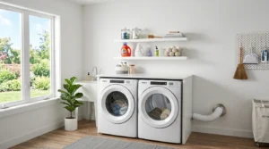 Modern laundry room with proper ventilation, exhaust fan, and outdoor dryer vent to prevent moisture and mold.