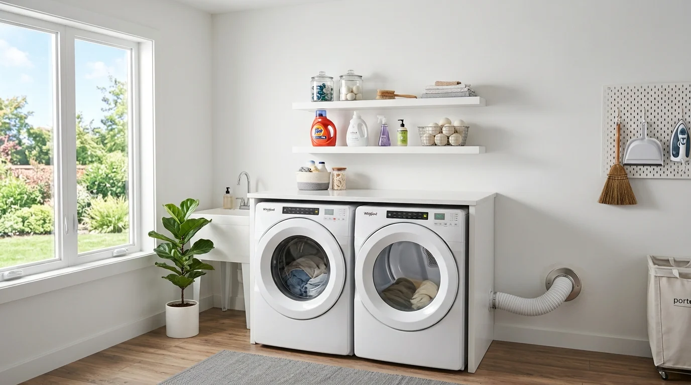 Modern laundry room with proper ventilation, exhaust fan, and outdoor dryer vent to prevent moisture and mold.