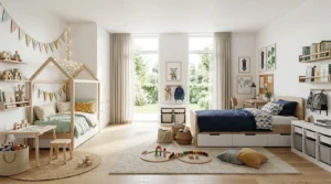 Modern shared kids' bedroom with personalized zones, smart storage, and shared play area for siblings of different ages.