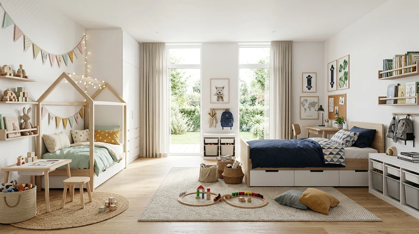 Modern shared kids' bedroom with personalized zones, smart storage, and shared play area for siblings of different ages.