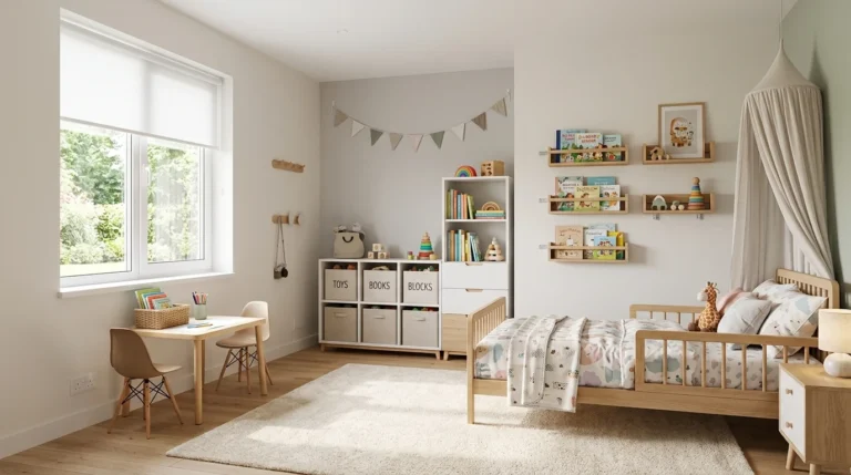 Childproof kids' bedroom with safe furniture, toy storage, and toddler-friendly design.
