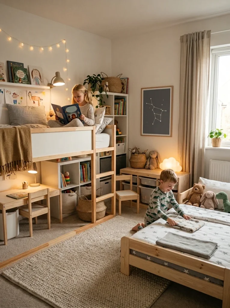 Shared kids' bedroom designed for siblings of different ages with personalized spaces and practical layout.