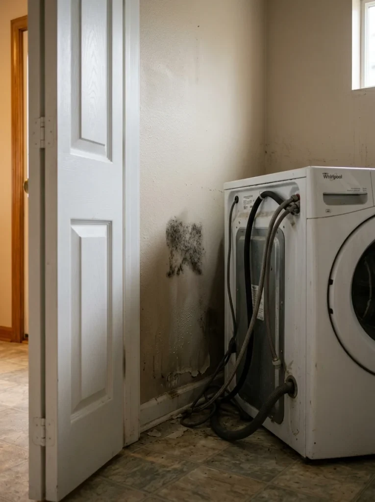 Small mold patch forming behind a washing machine due to poor laundry room ventilation.