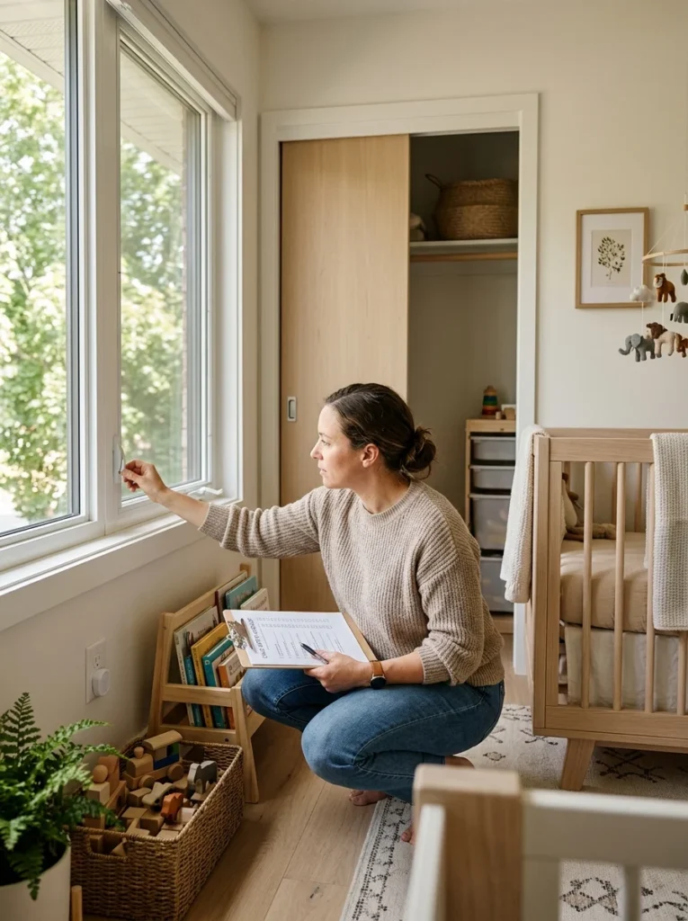 Parent inspecting a child's bedroom room by room for safety hazards.