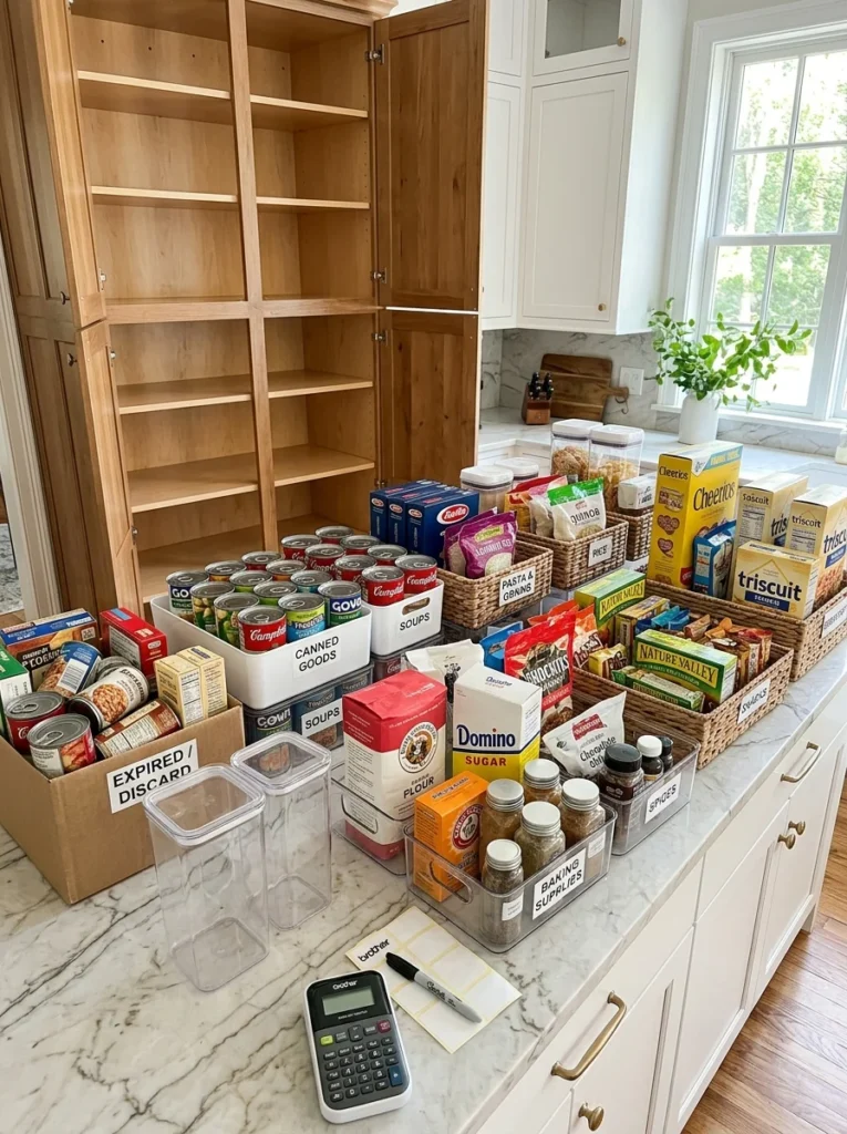 Empty pantry shelves with groceries sorted into keep, donate, and discard categories.