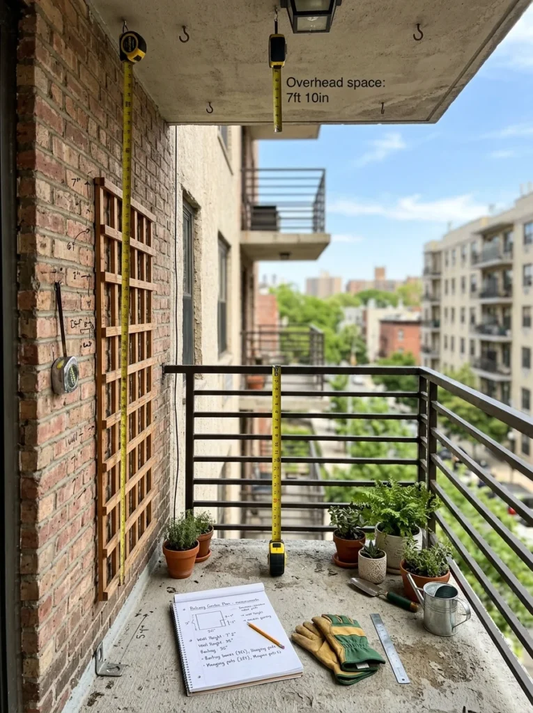 Person evaluating balcony walls, railings, and available vertical space before installing a vertical garden.