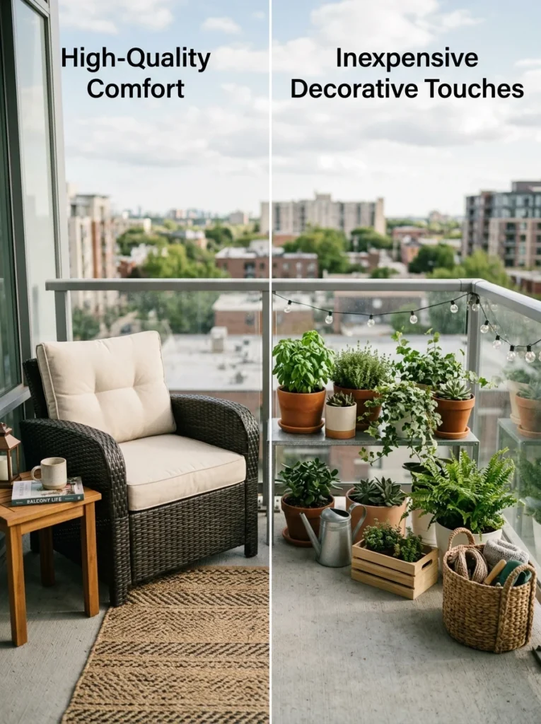 Comfortable outdoor chair with affordable decorative balcony accessories.