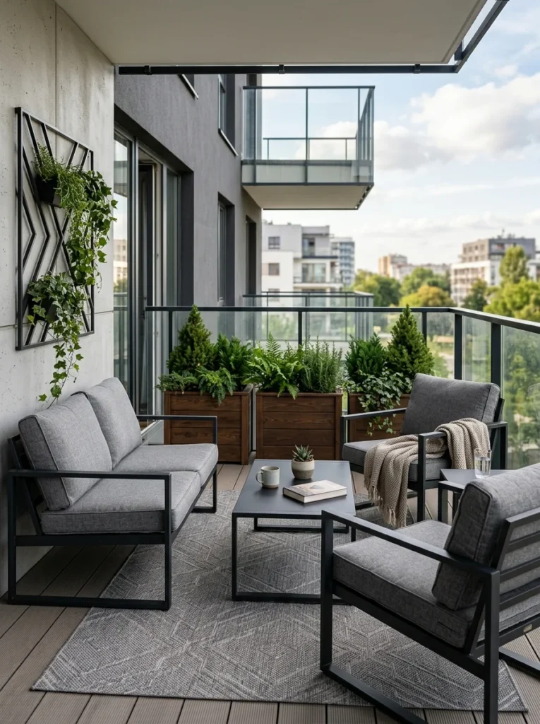 Neutral outdoor balcony furniture with weatherproof decor and durable planter boxes.