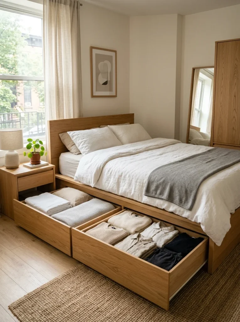 Platform bed with built-in drawers providing hidden storage in a studio apartment.