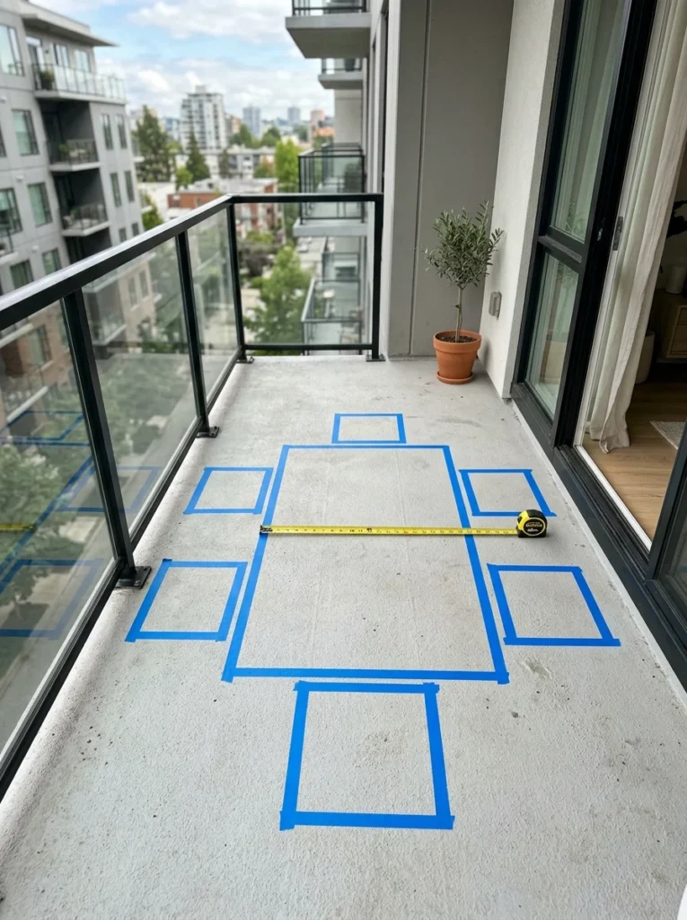 Measuring a small balcony floor before placing a dining table for two.