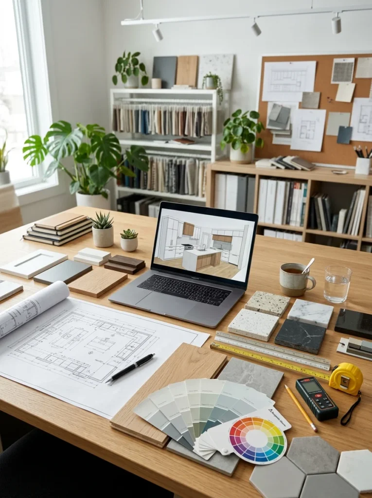 Kitchen renovation plans with blueprints, cabinet samples, flooring, and countertop selections.