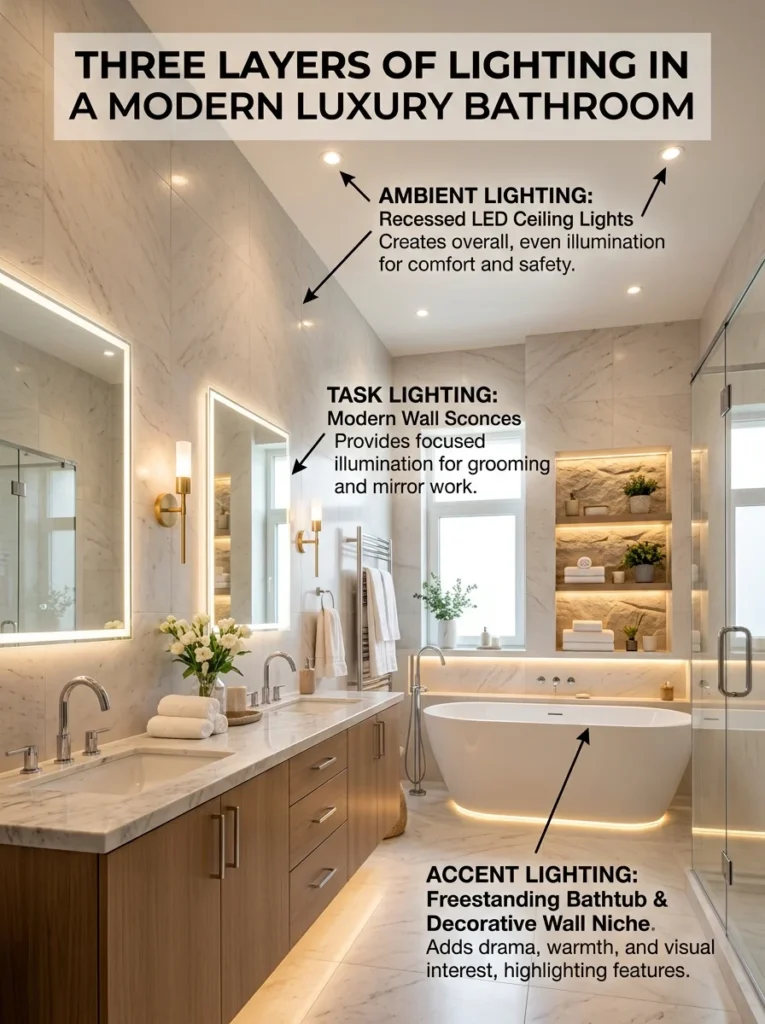 Bathroom illustrating ambient, task, and accent lighting working together.