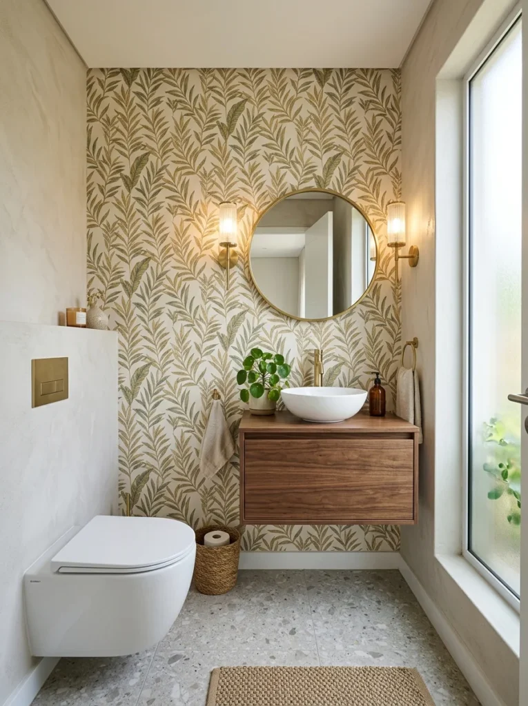 Small modern half bath with a toilet, sink, and decorative finishes but no shower or bathtub.