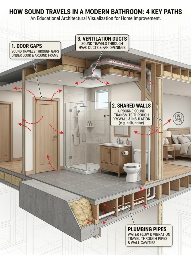 Diagram showing common paths where sound leaks from a bathroom through doors, walls, vents, and pipes.