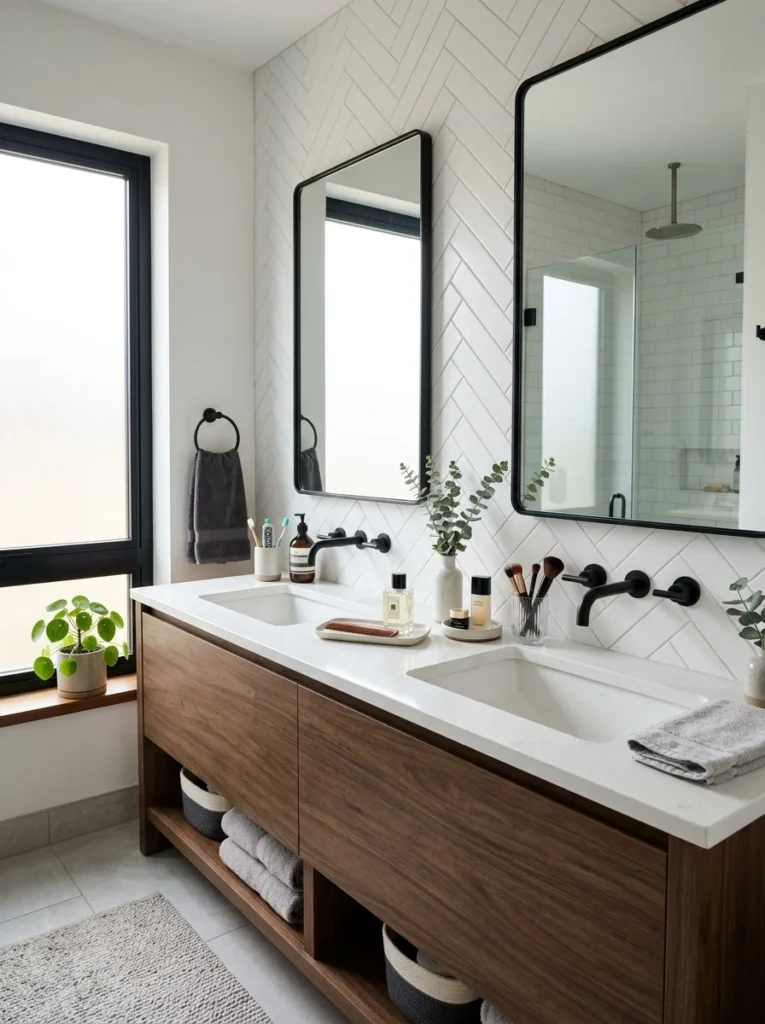 Couple comfortably using separate sinks in a shared double vanity bathroom.