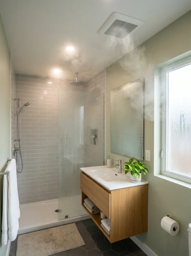 Bathroom exhaust fan removing moisture to prevent mold and paint damage.