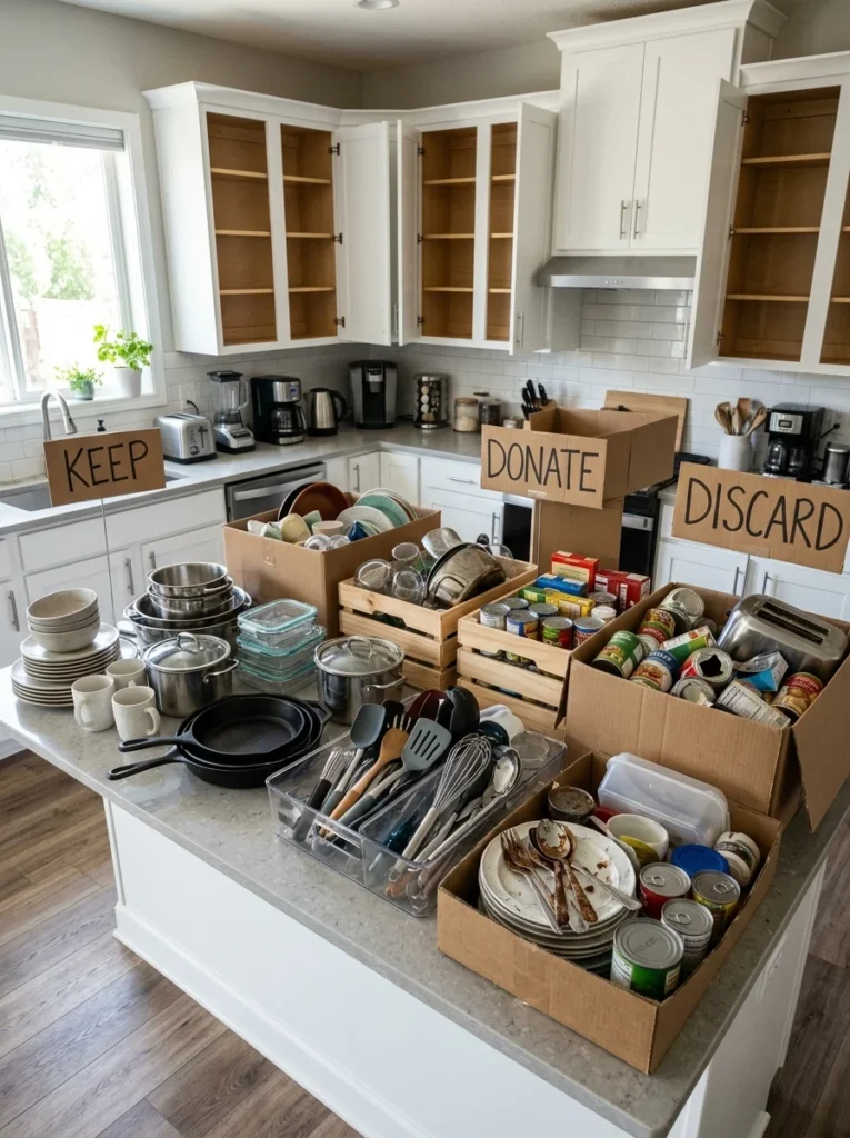 Kitchen items sorted into keep, donate, and discard piles before cabinet organization.
