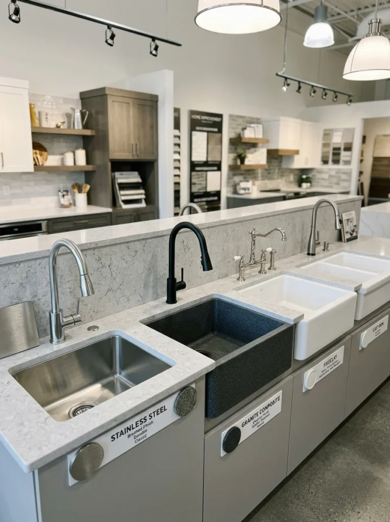 Different kitchen sink materials including stainless steel, composite, fireclay, and cast iron displayed for comparison.