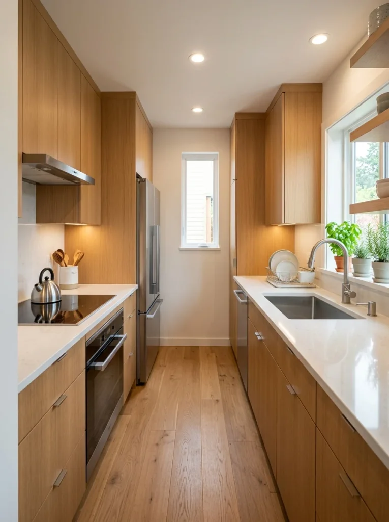 Narrow galley kitchen with an efficient work triangle between the sink, stove, and refrigerator.
