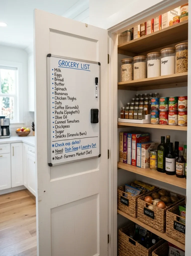Whiteboard mounted inside a pantry door with a running grocery shopping list.